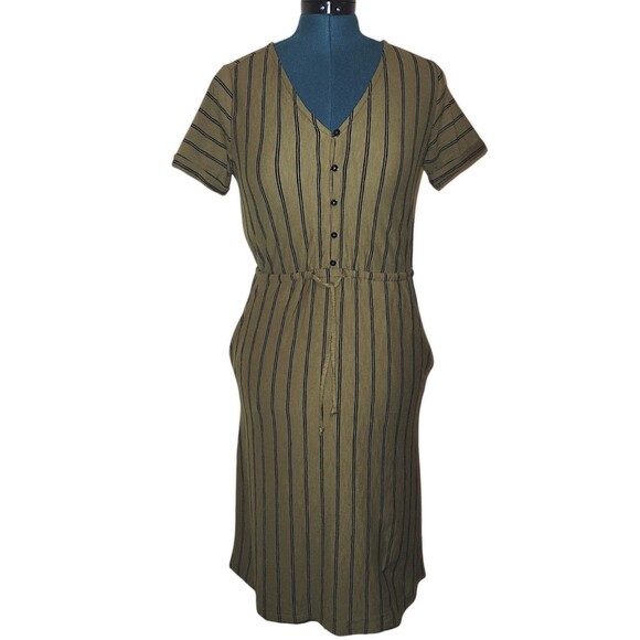 DownEast Green and Black Striped Sheath Dress Size XS 100% Cotton Natura… - Picture 2 of 8
